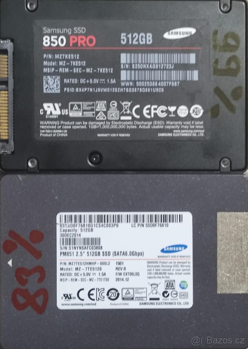 2x sata SSD 512GB Samsung 850 Pro životnost 99% a PM851 83%