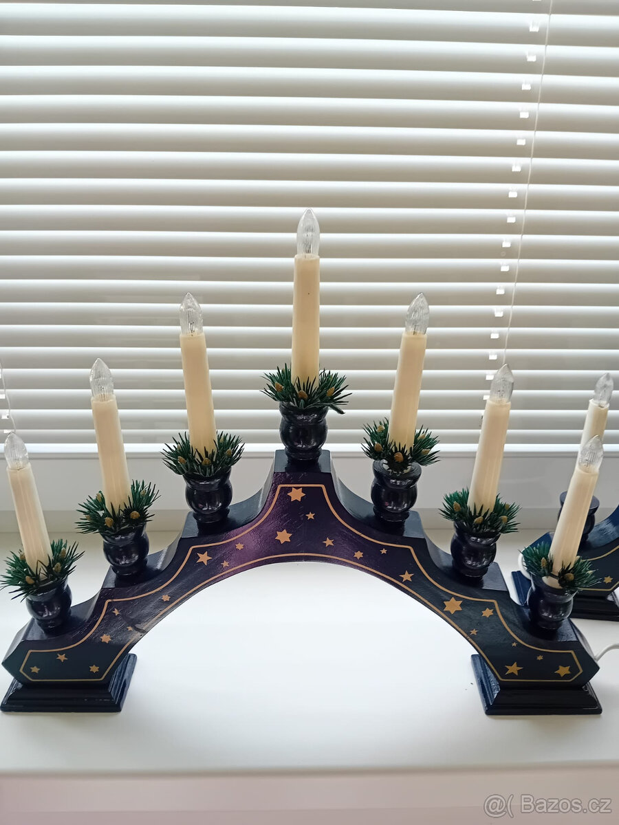 Dřevěný svícen - modrý, vánoční dekorace