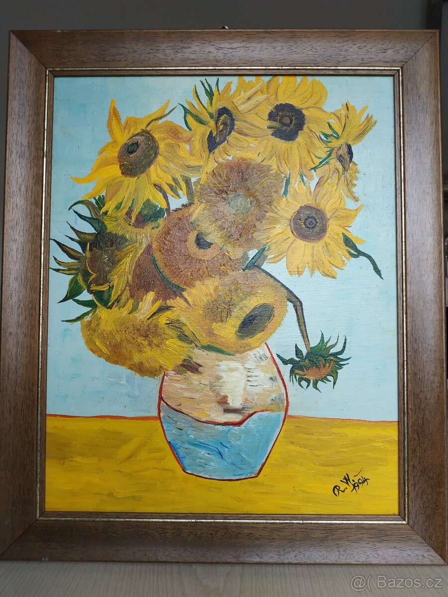 Obraz – Slunečnice ve váze, olejomalba na plátně