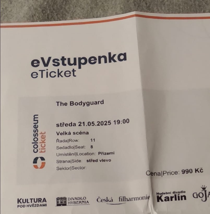 Prodám 2 lístky na muzikál Bodyguard na 21.5.