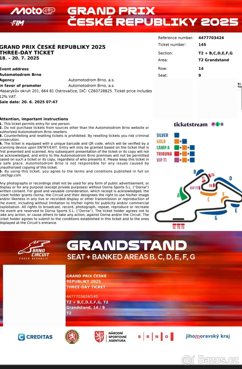 2x Vstupenka Tribuna T2 na Moto GP Brno 2025