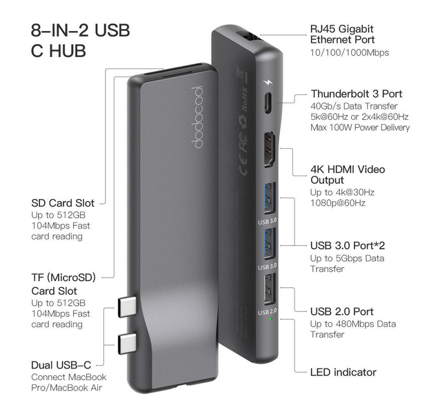 USB 3.0 HUB Dodocool DC73 aluminium pro MacBook