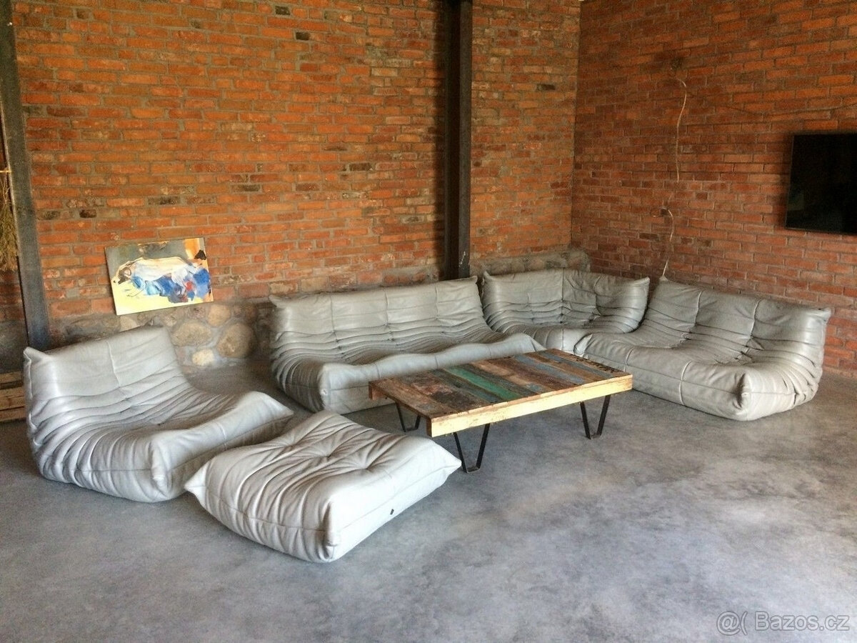 Togo Ligne Roset pravá KŮŽE šedá, 5 dílů (3, 2, 1, rohový a