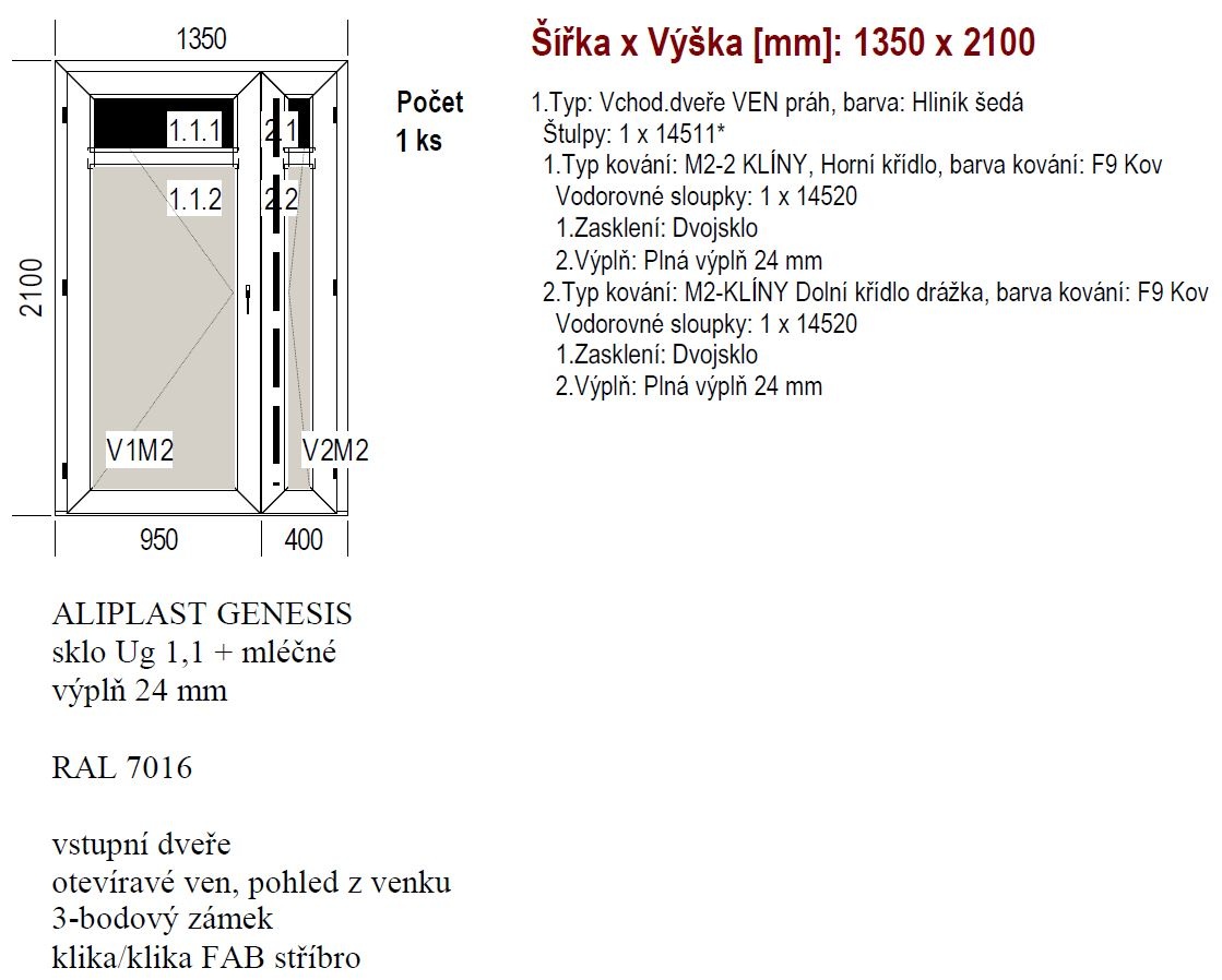 Prodám nové velice kvalitní hliníkové dvoukř.dveře 1350x2100