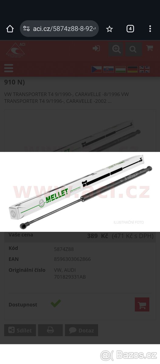 Mellet 5874Z88 plynova vzpěra Transporter