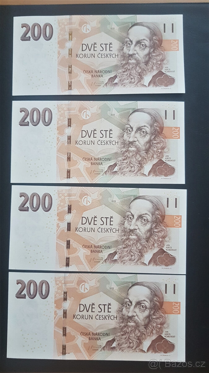 Rarita - štvorica bankoviek 200 Kč (2018) s rovnakým číslom