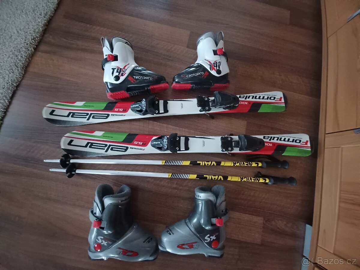 Lyže ELAN Formula 100cm+hůlky,2x přeskáče i helmou+ rukavice