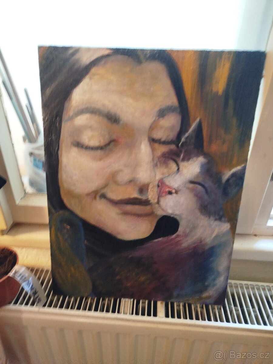 Olej na plátně - Žena s kotětem