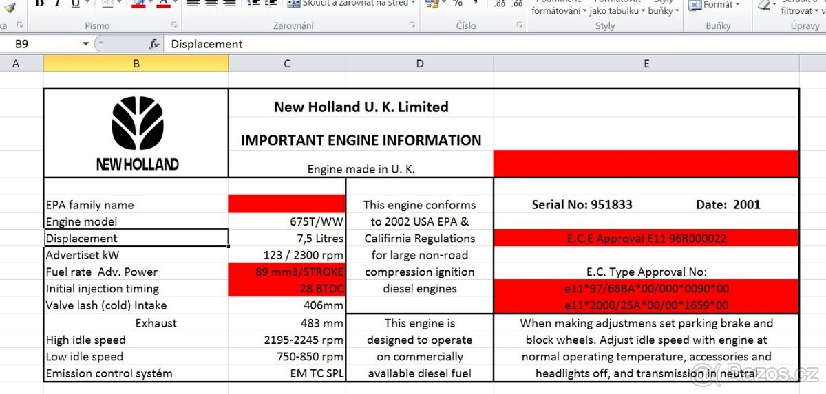 Štítek motoru New Holland TM165A - sháním info