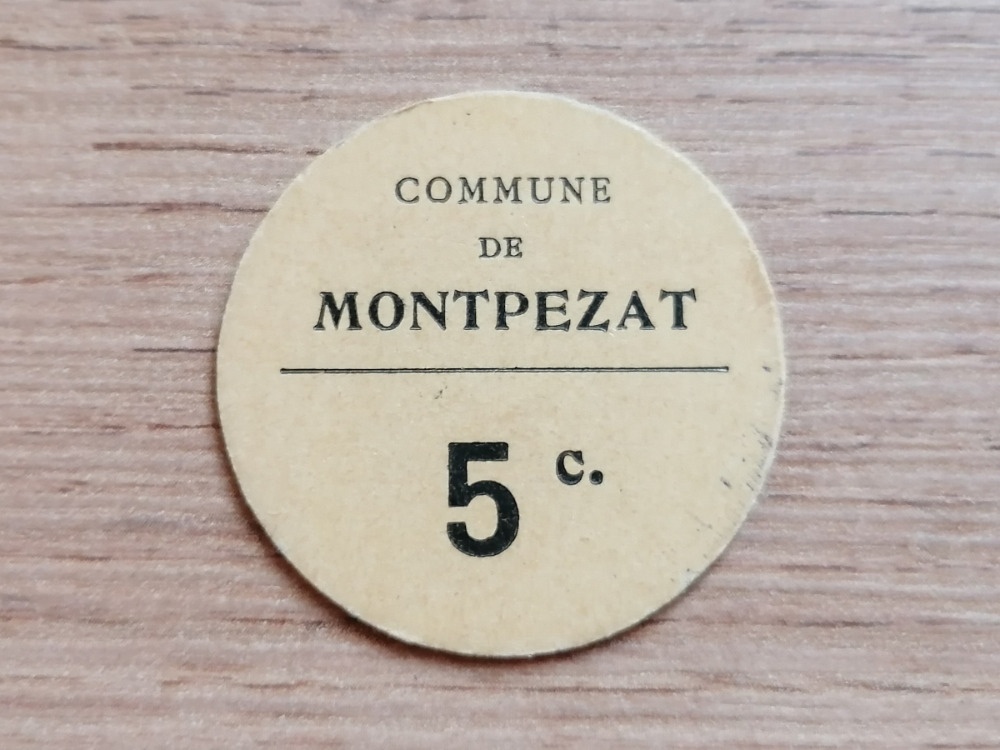 Vzácná papírová nouzová mince 5 Centimes 1914-1924 Montpezat