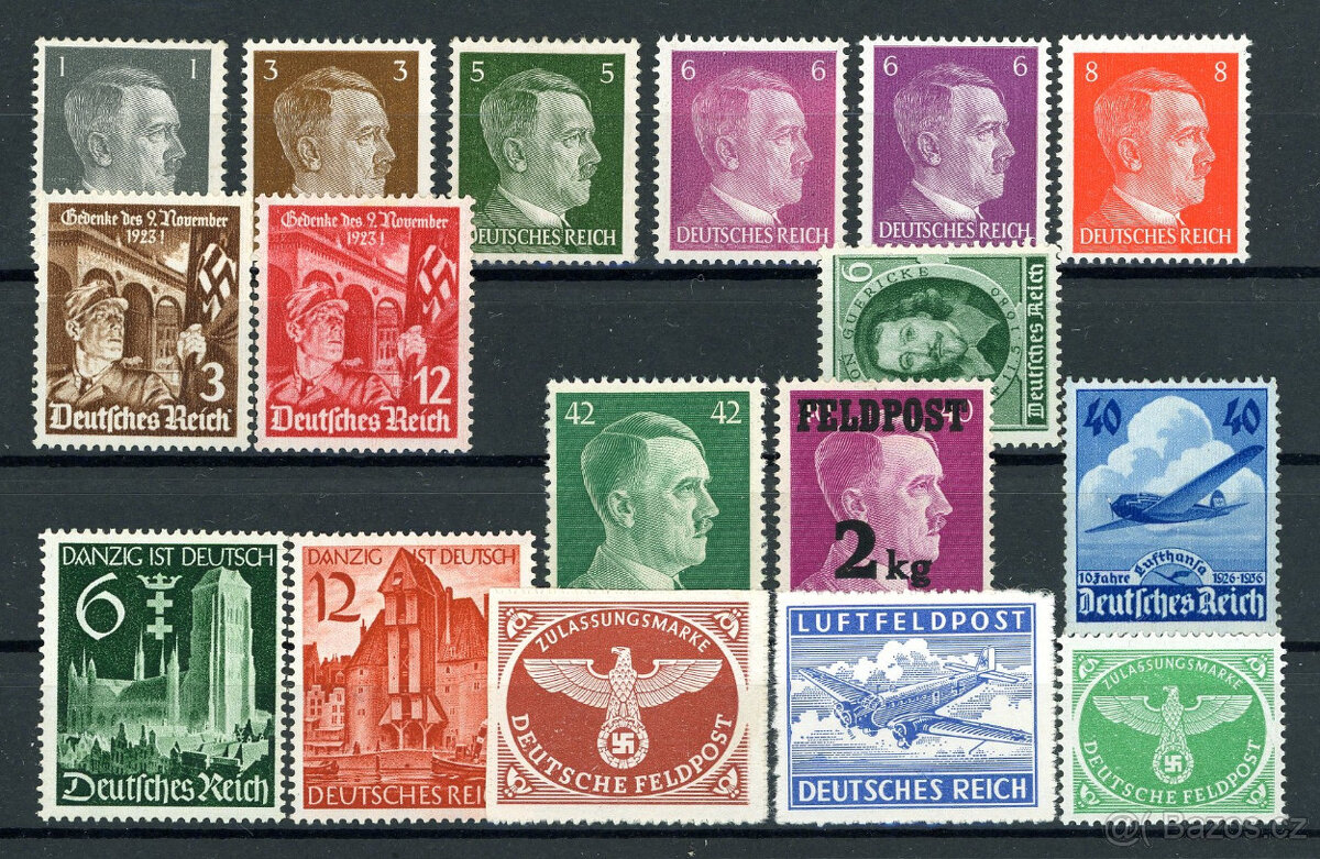 Výběr různých známek Deutsches Reich, neražené