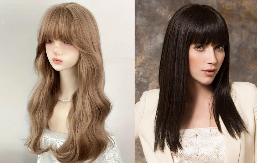 Dvě zánovní dámské paruky, tmavě hnědá a blond