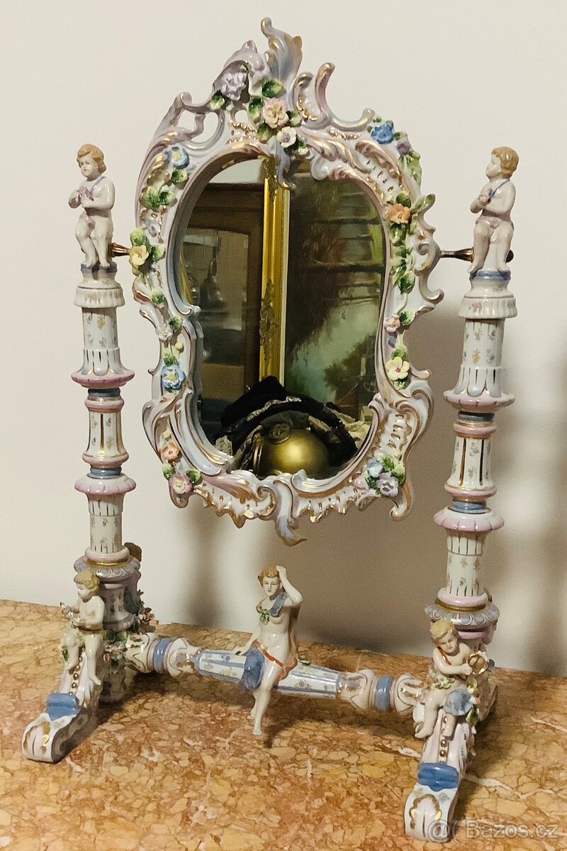 Staré porcelánové stolní zrcadlo Německo