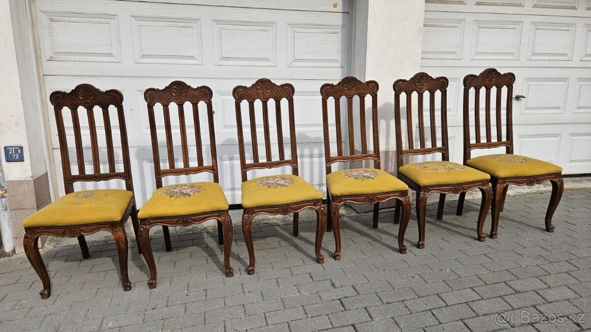 Dubové židle Ludvík XV. Řezbované 6 ks