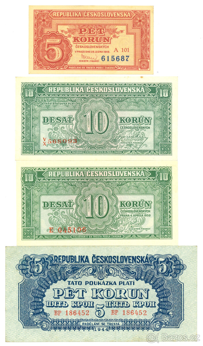 Československé bankovky 4ks Konvolut - Sbírka.