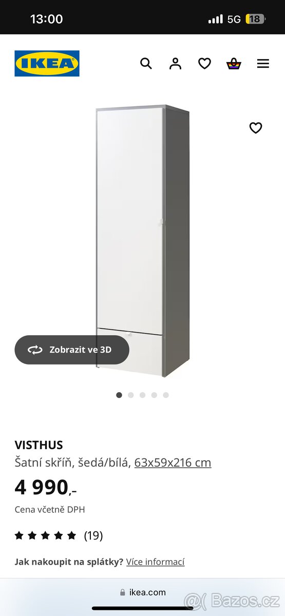 VISTHUS Šatní skříň, šedá/bílá, 63x59x216 cm