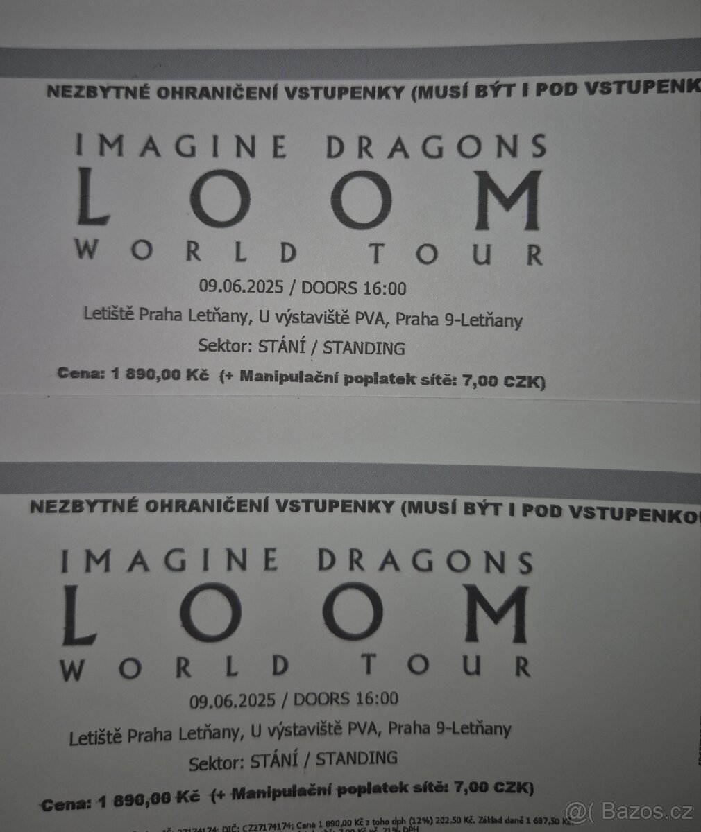 Imagine Dragons LOOM WORLD TOUR 9.6.2025 - 2x listek stani