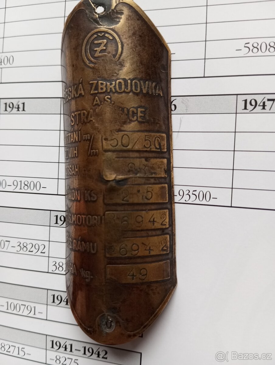 Čz 98 výrobní štítek 1939