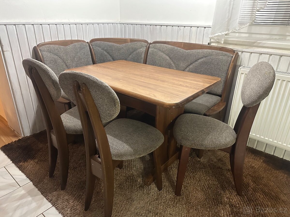 STŮL, ROHOVÁ SEDAČKA, 3 ŽIDLE