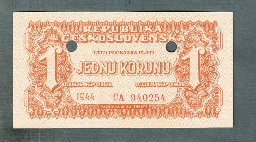 Staré bankovky 1 koruna 1944 VZÁCNÁ perforace