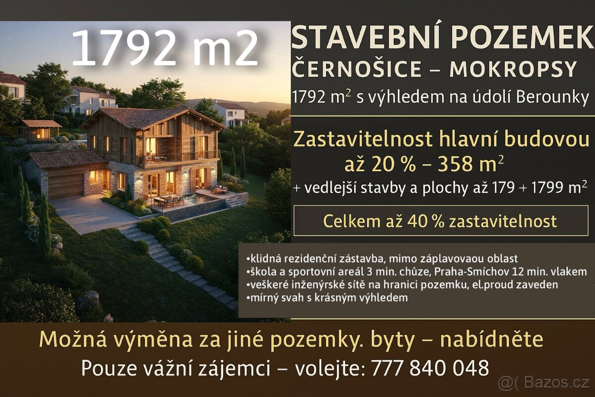 PRODEJ/VÝMĚNA Černošice,Mokropsy, Pardubická,1792m2 stavební