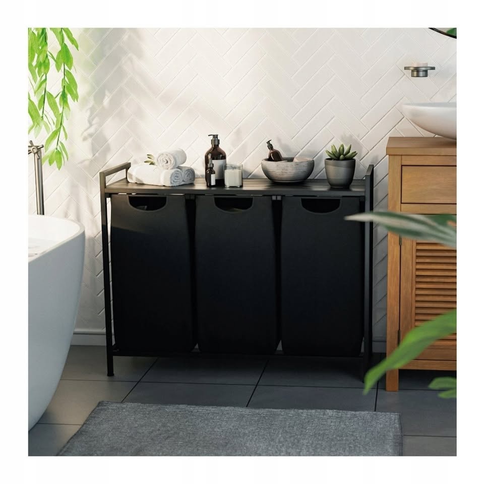 Tříkomorový koš na prádlo s odkládací policí, černý