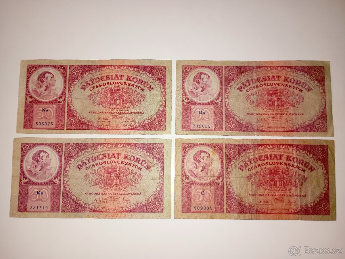 BANKOVKY 50 KČS 1929, RŮZNÉ SÉRIE, VŠE NEPERFOROVANÉ