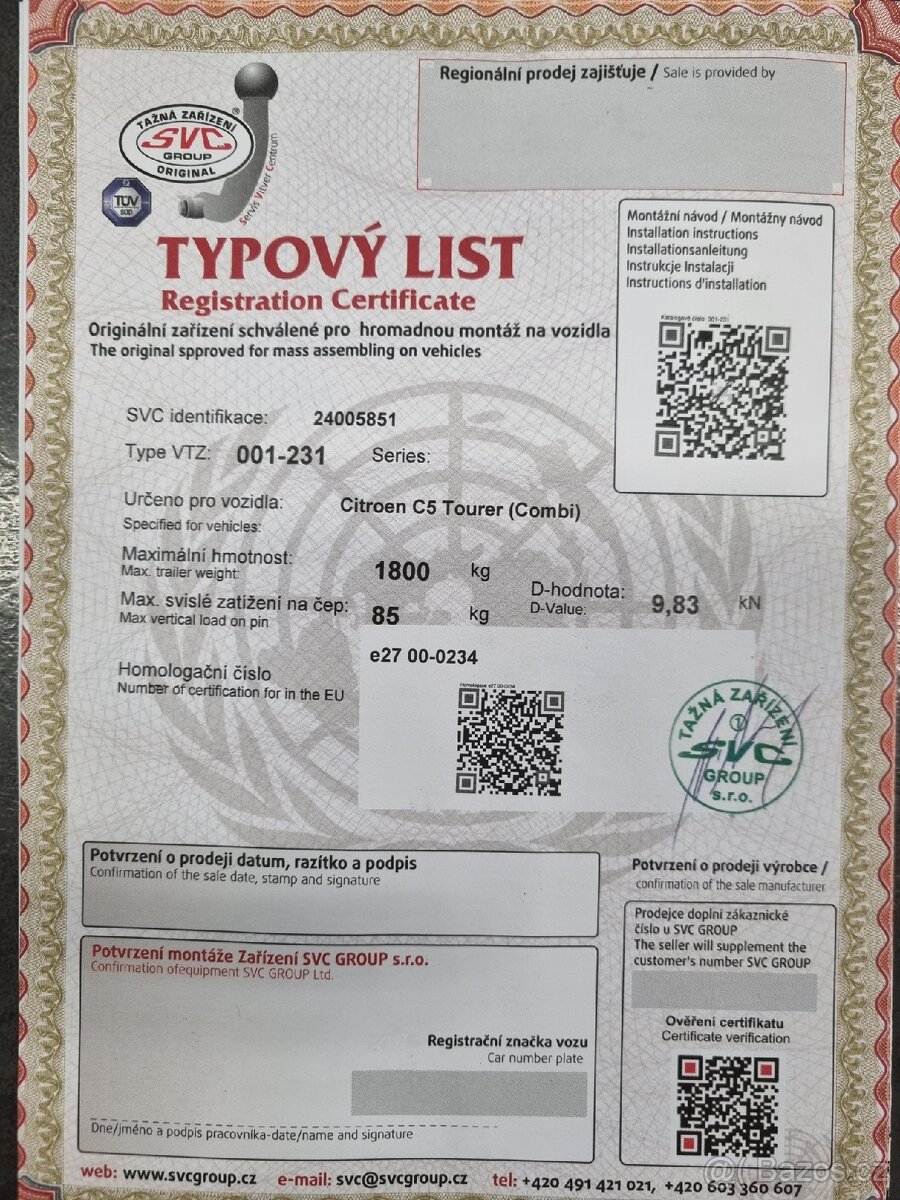 Typový list, Citroën C5, tažné zařízení Citroën