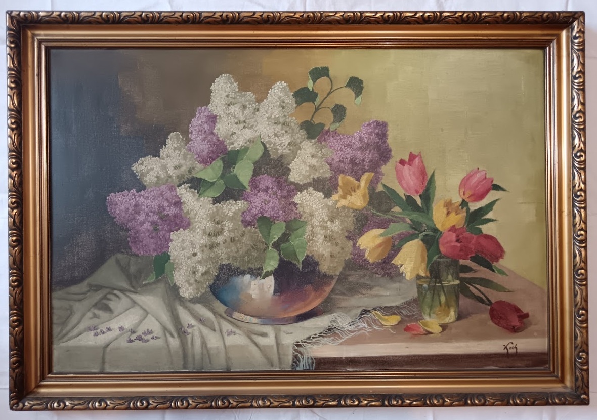 Zátiší s květy na drapérií – signováno KOCH – luxusní rám