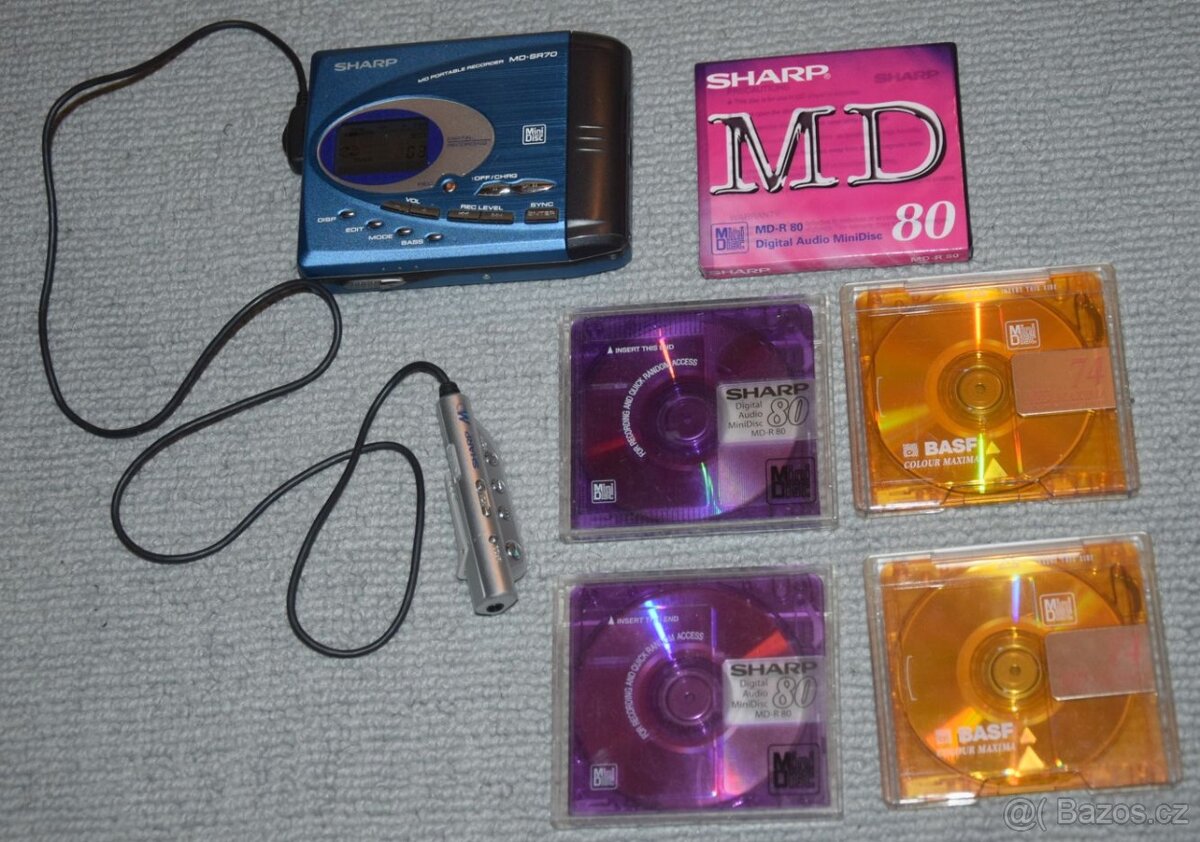 Minidisc SHARP MD-SR70, media, manual, příslušenství