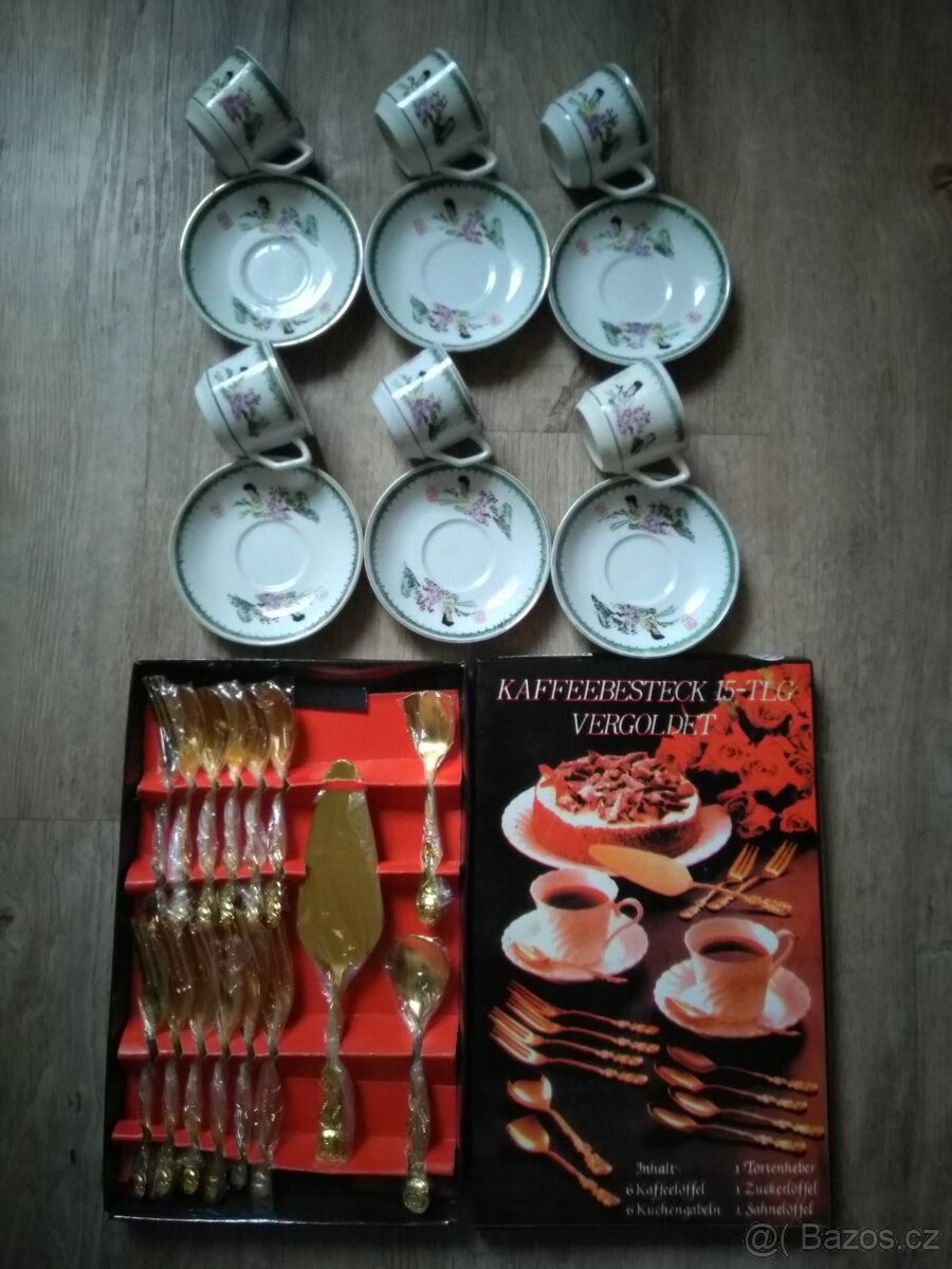 Hrníčky s talířky, dezertní set NOVÝ vše 50,-