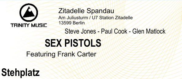 2 vstupenky na Sex Pistols tento pátek do Berlína, 4.7.2025