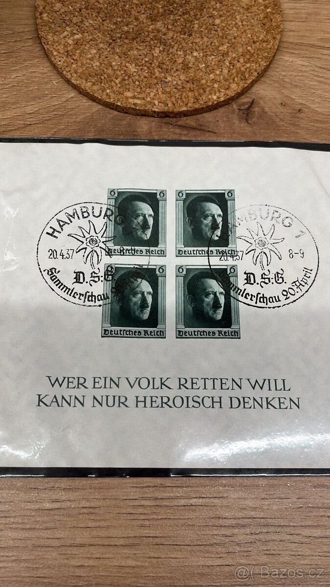 blok (4er-Block) vydaný 5. 4. 1937 k 48. narozeninám Adolfa