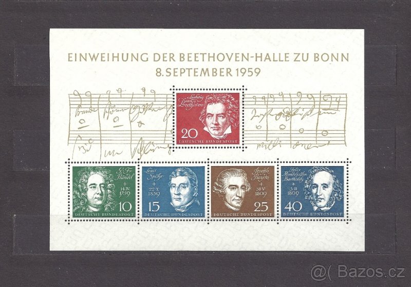 Německo Bund 1959 Mi 315-319 Bl. 2 Beethoven aršík.