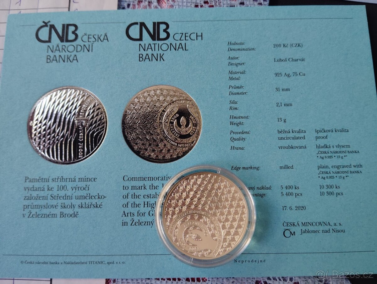 Mince 200kč - BJ- 1920 - 2020- sklářská škola ŽEL.BROD.