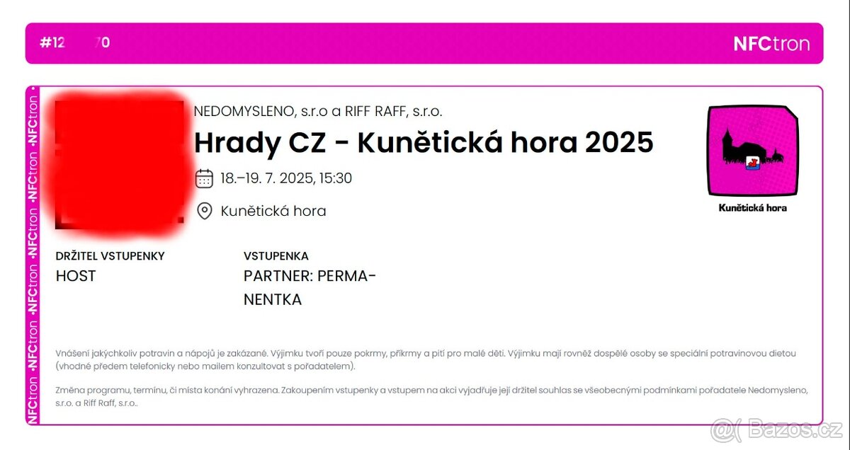 Prodám 2x vstupenku HRADY CZ - Kunětická Hora 18.7. - 19.7.