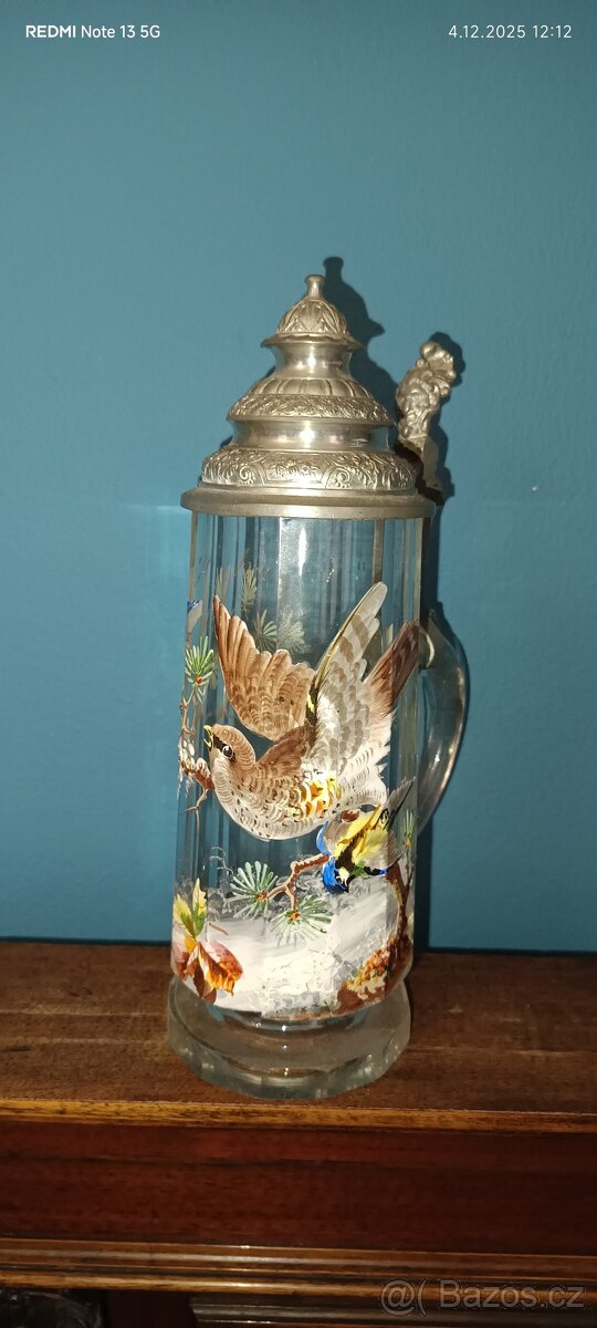 Korbel malovaný 1880 luxusní ptáček a ptáček