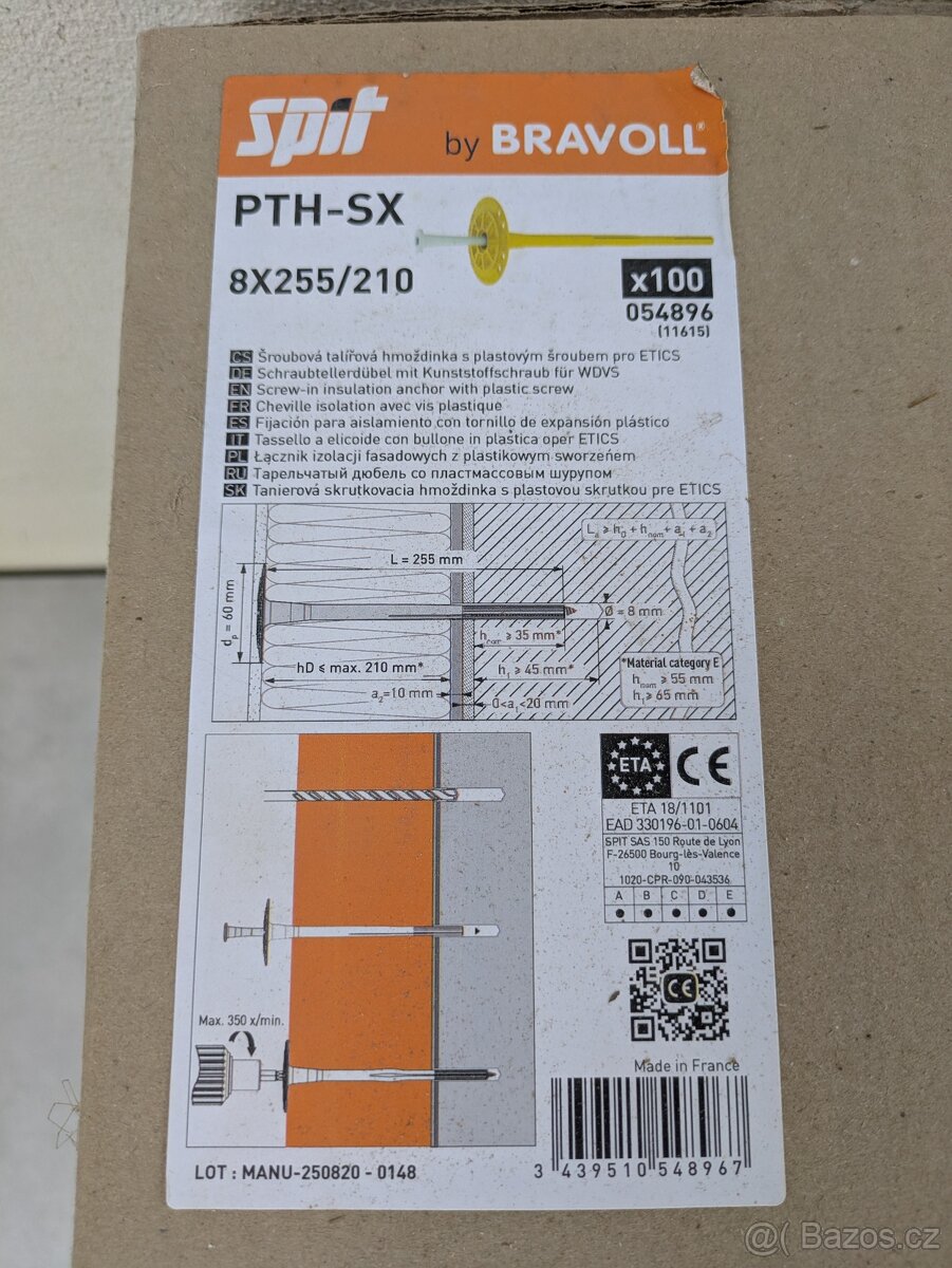 Fasádní hmoždinky Bravoll PTH-SX 8x255 mm 100 ks