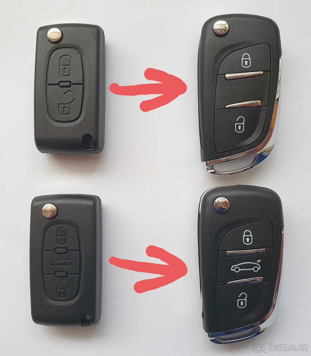 Klíč Citroen Peugeot 2 / 3 tlačítka.  Starší provedení s log