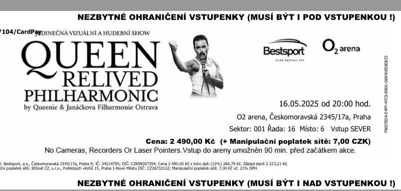 Prodam vstupenku na Queenie&JFO 16.5. O2 arena