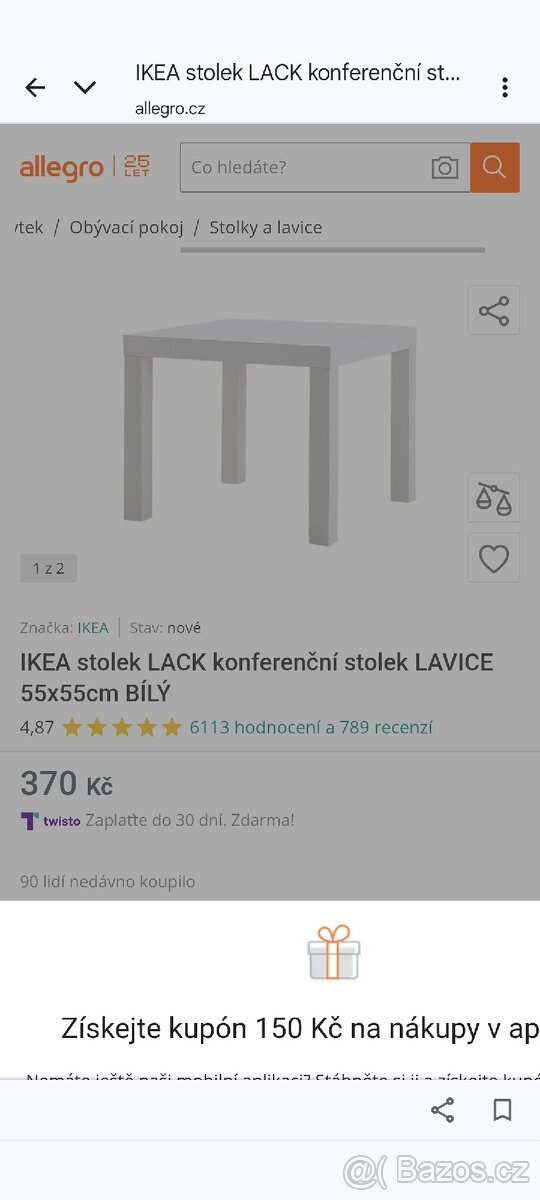 Prodám bílý stolek novy,55 x 55 cm