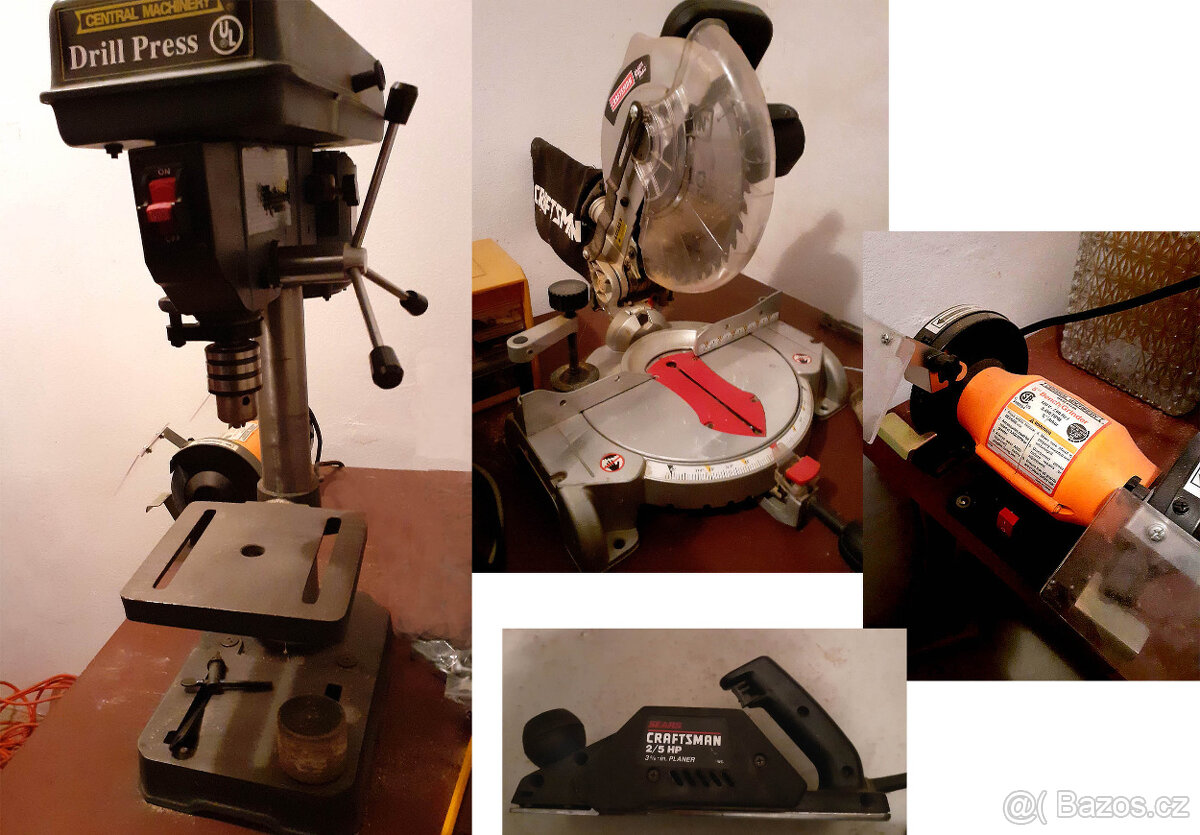 Okružní pila, stojanová vrtačka, hoblík a bruska