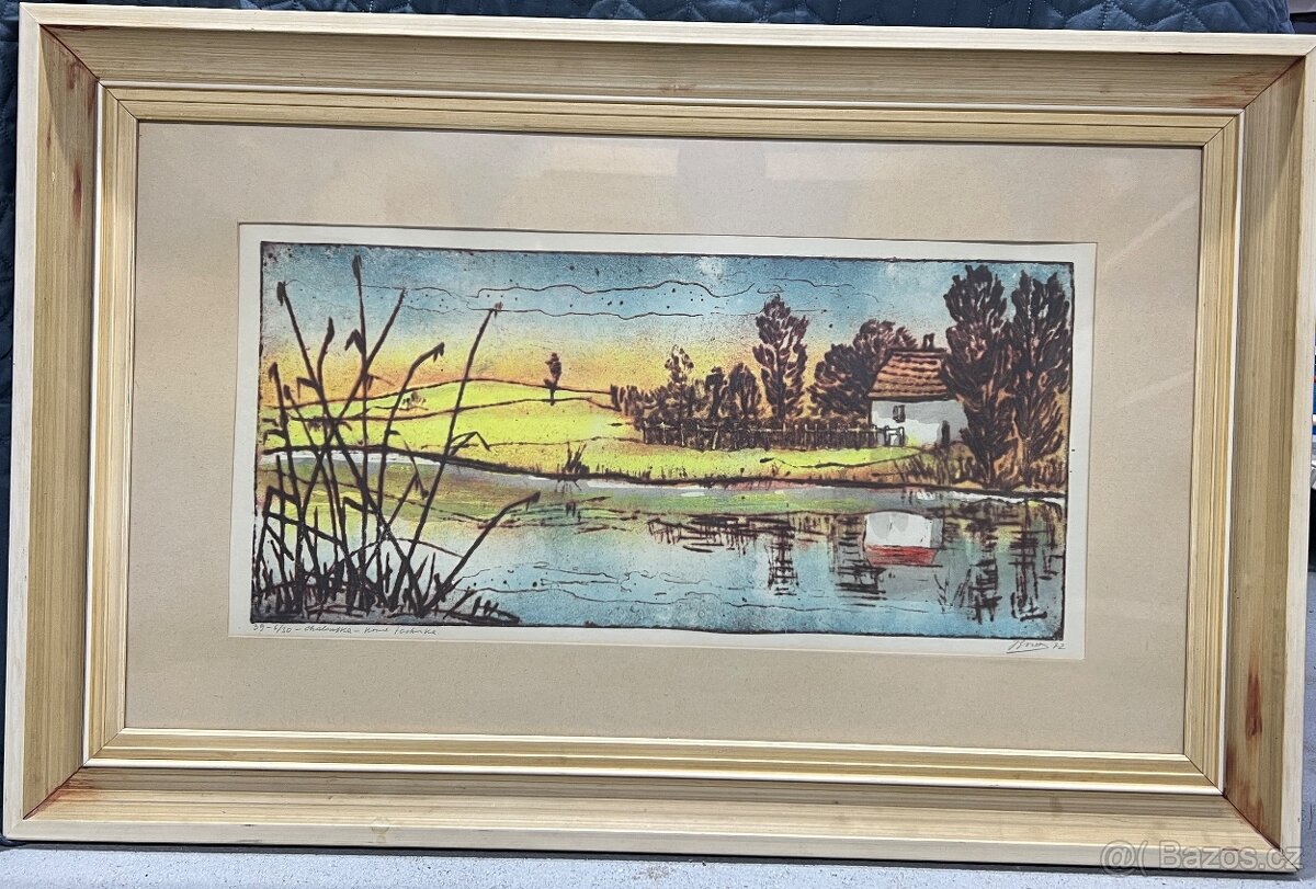 Signovaná grafika „Chaloupka u rybníka“, 1972