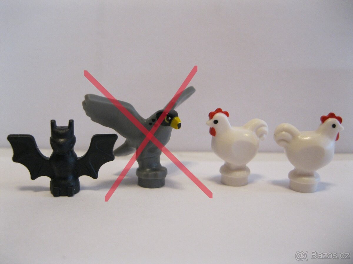 Lego slepice bílá a červenohnědá, netopýr, racek, ptáček