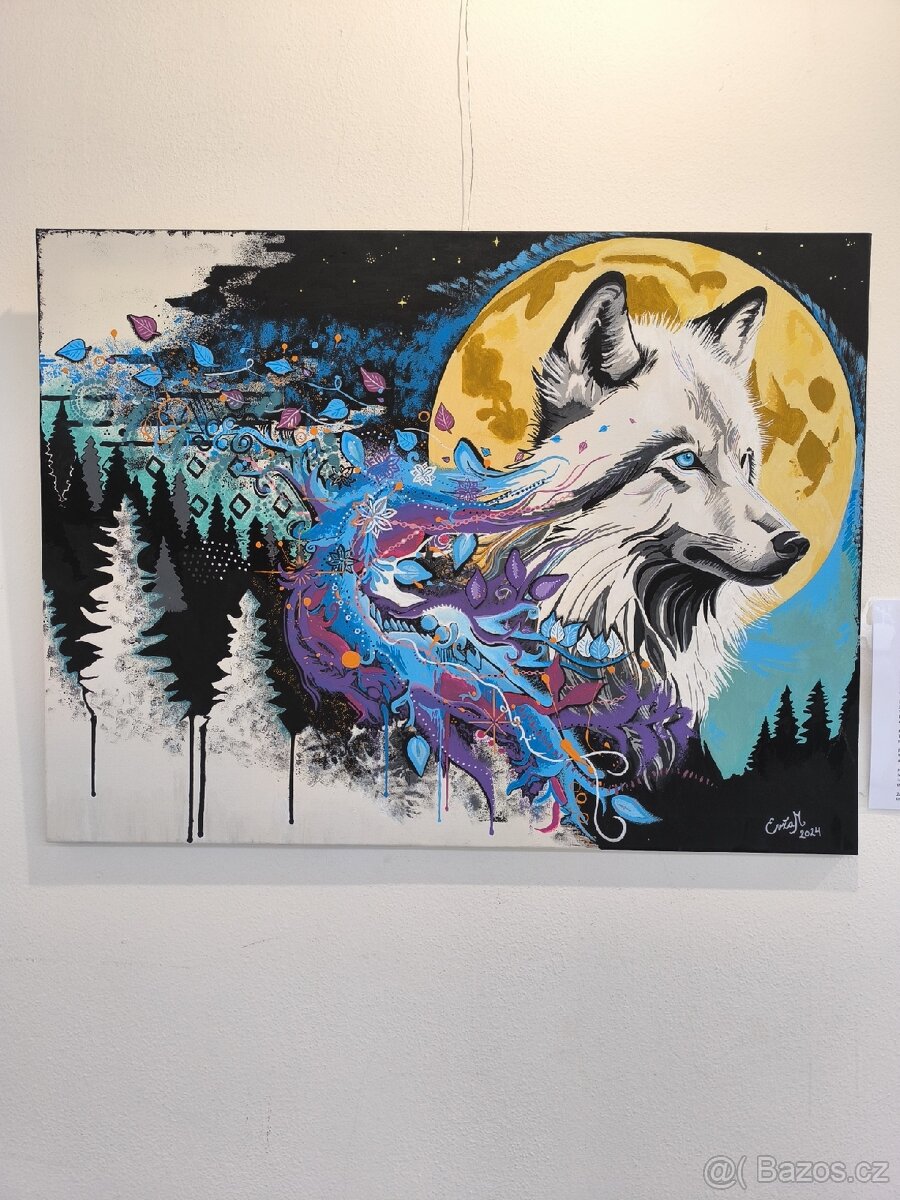 Ručně malovaný obraz vlka