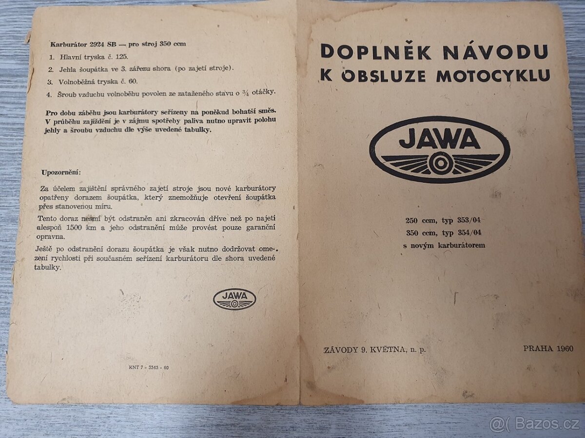 Jawa 250-350 doplněk návodu 1960