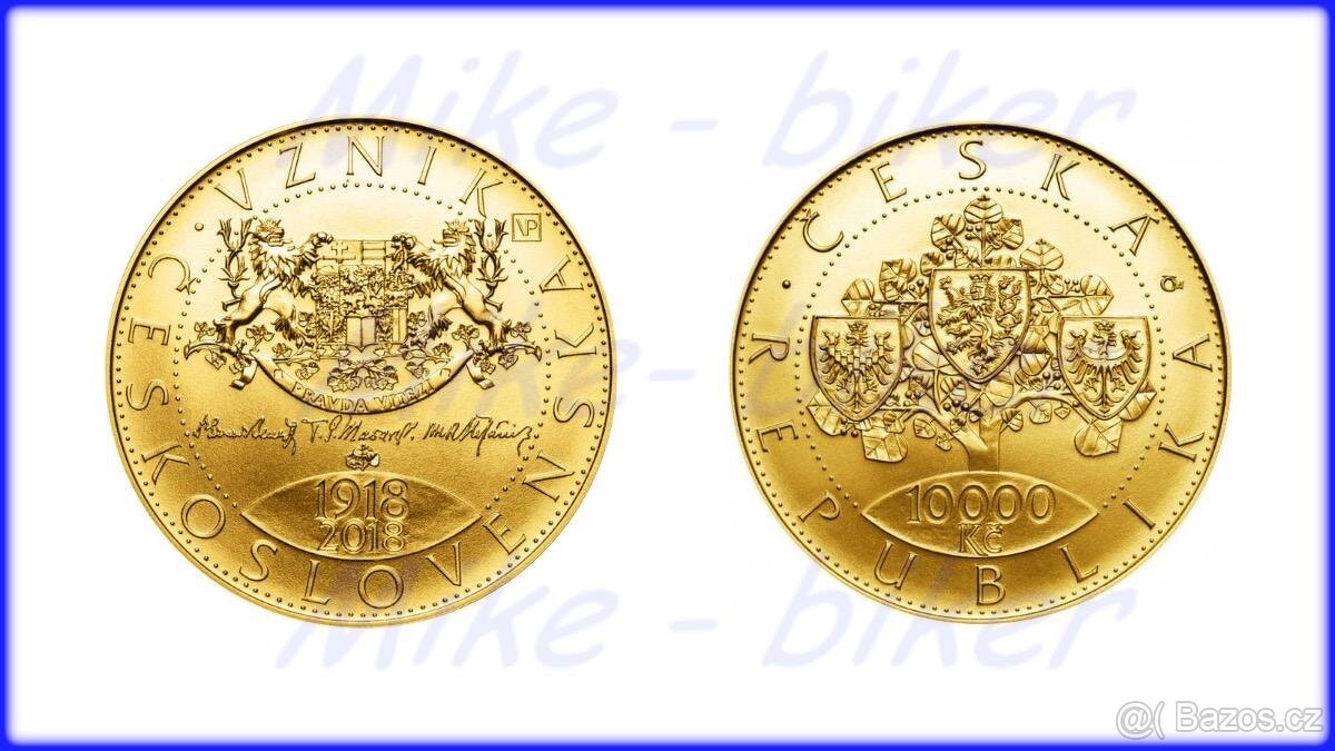 Zlatá mince 10000 Kč, 1oz. 100 let výročí založení ČSR. 2018