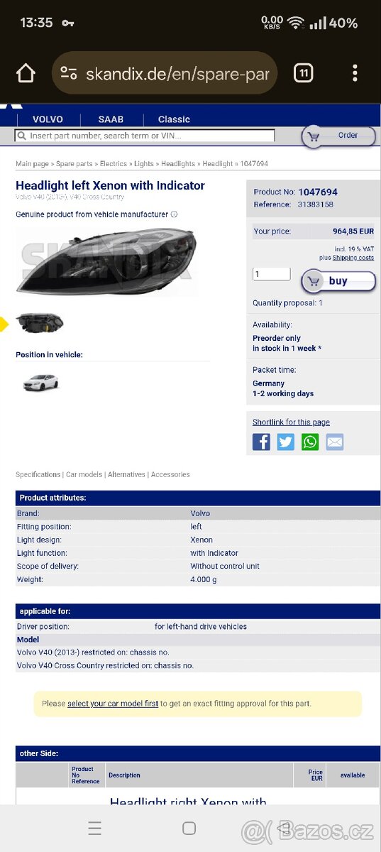 Novy Volvo v40 / cross country 2013- original svetlomet