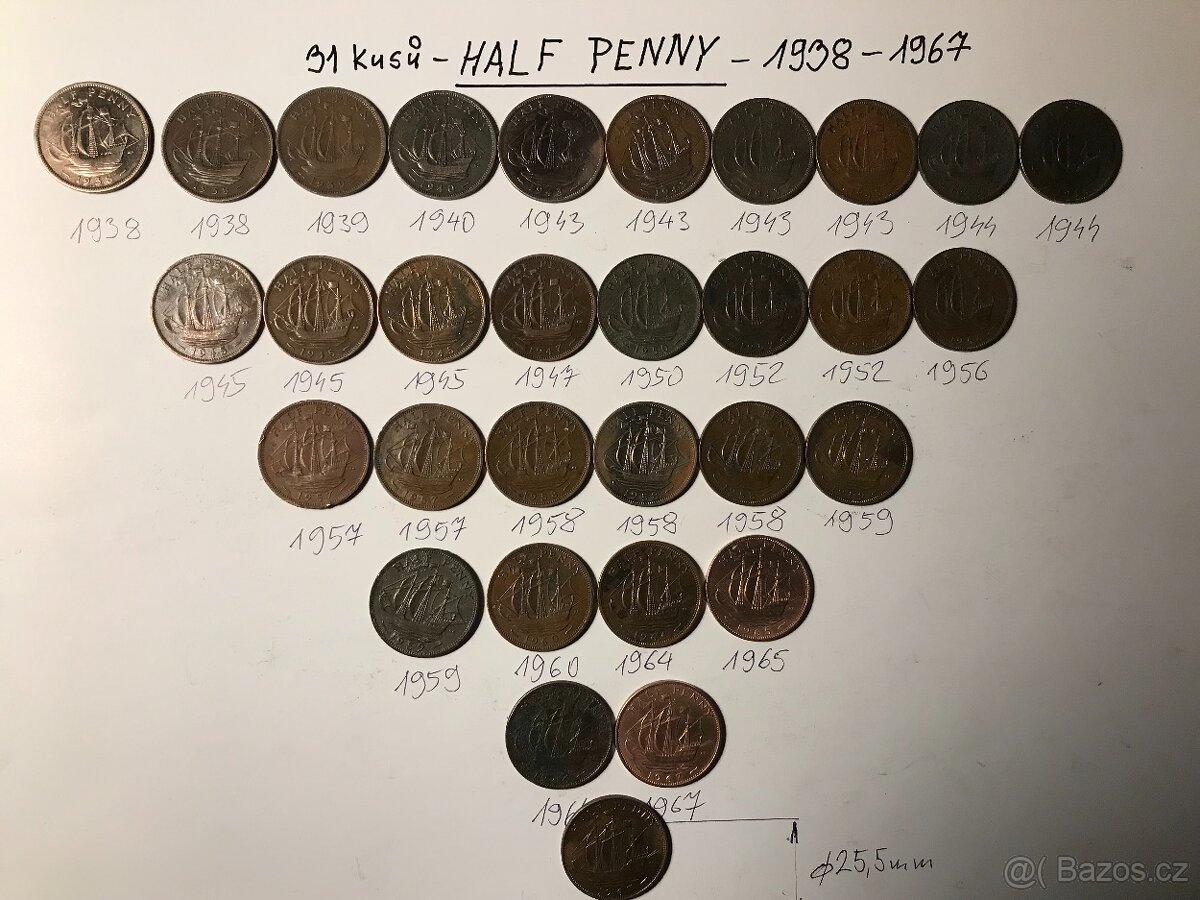 Anglické historické mince "HALF PENNY"