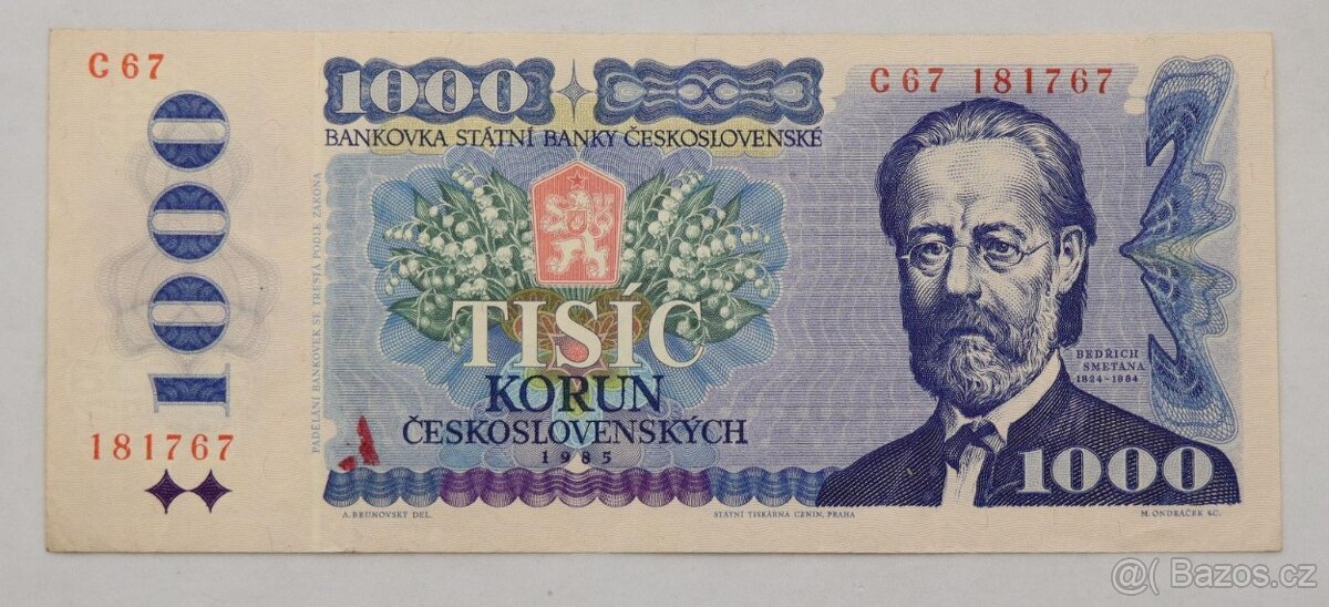 1000 Kčs 1985 - C67 - vzácnější bez kolku neperforovaná